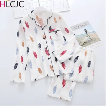 

New Spring Women Fresh Leaf 100%Cotton Gauze Crepe Pajamas Set 2 Pieces Set Comfort And Soft Long-sleeve Trousers Household Wear