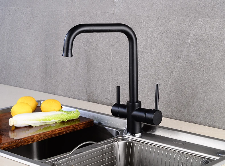 New style Black Double Bend Kitchen Water  Purifica  Faucet with Filtered Water Double Spout Kitchen Tap Bronze Sink Mixer Crane