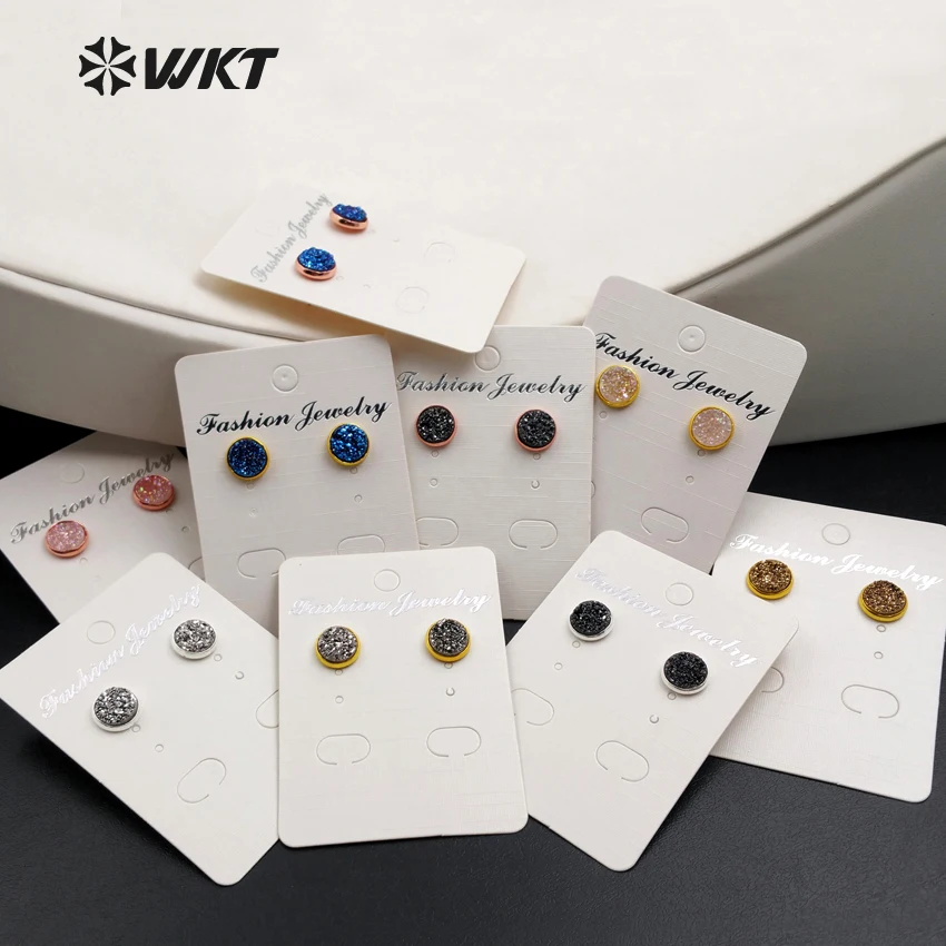 

WT-E344 Wholesale natural druzy ear studs 10mm with 24K gold trim Round shaped aura ear studs in rose gold setting bridesmaids