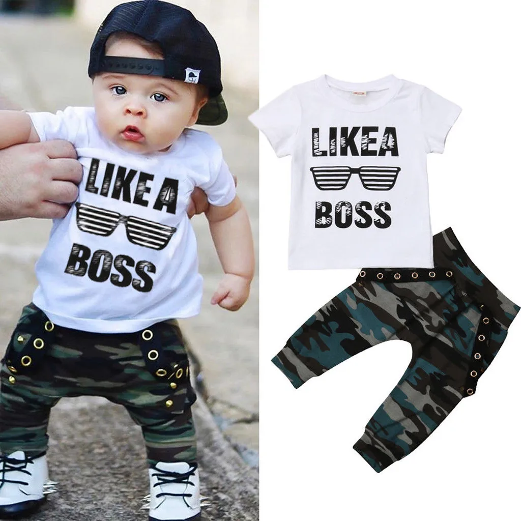 

2019 New Arrivel Camo Toddler Baby Boys Hip Hop Tops Letter Print T-shirt Camouflage Pants Outfits Set Summer Boy Clothes 0-3T
