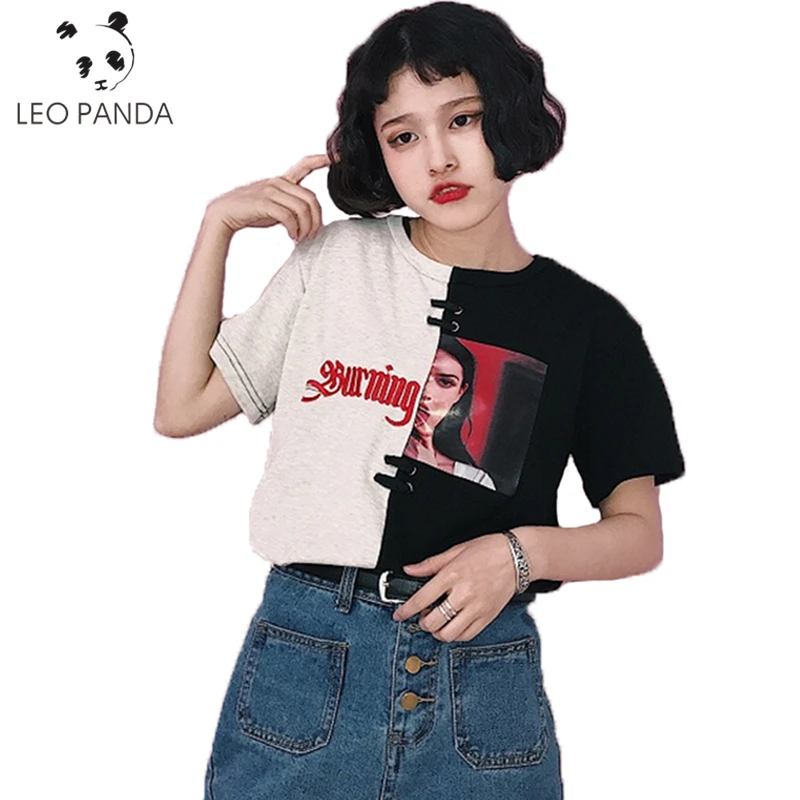 

2019 Summer Fashion Street Style Tops Printing Figure Letter Contrast Color Joining Together Lace-Up Short Sleeves T-Shirt LJX67