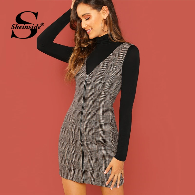 

Sheinside Coffee Deep V Neck Women Summer Dress Elegant Sleeveless Ladies Dresses Zipper Up Fitted Shell Bodycon Mini Dress