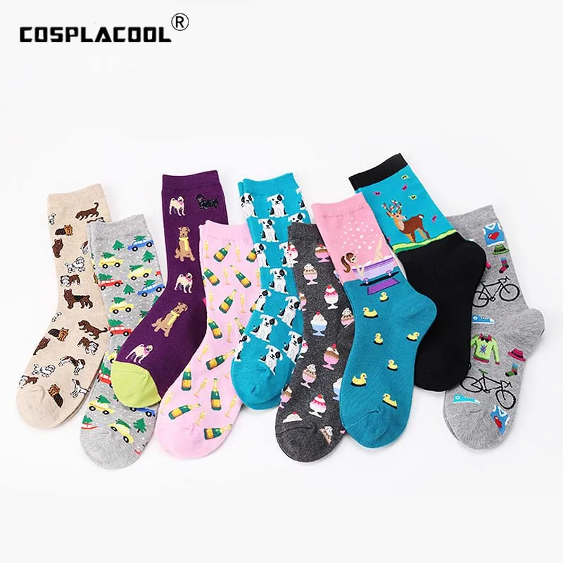 [COSPLACOOL]Women's Korean Fresh Harajuku Cute Socks Cartoon Animals Fish/Pug Kawaii Meias Creative Jacquard Design Funny Socks