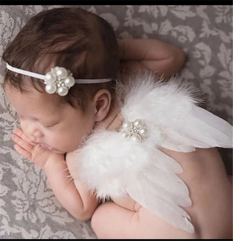 Для новорожденных маленьких девочек белое перо крыла ангела + горный хрусталь оголовье Опора Хеллоуин костюм Одежда для малышей Головные
