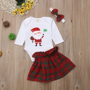 

Newborn Baby Girls Clothes Sets Christmas Outfits Long Sleeve Romper Jumpsuit Plaid Skirt Headband Clothing Set Girl 0-24M