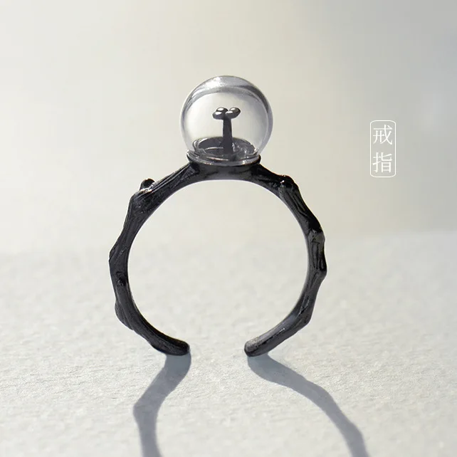 original black glass clover ring 100% Sterling 925 silver Jewelry Vintage Adjustable rings for women Christmas gift