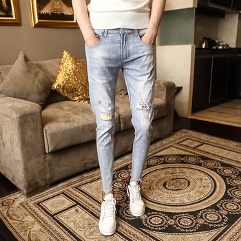 

2019 summer thin section blue slim feet jeans tide men's hole tide brand trend thin paragraph nine pants
