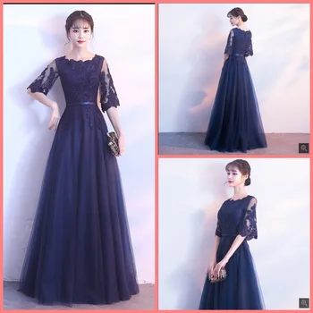 

Vestido De Festa navy blue lace appliques a line half sleeve evening dress scoop neckline modest muslim women evening gowns