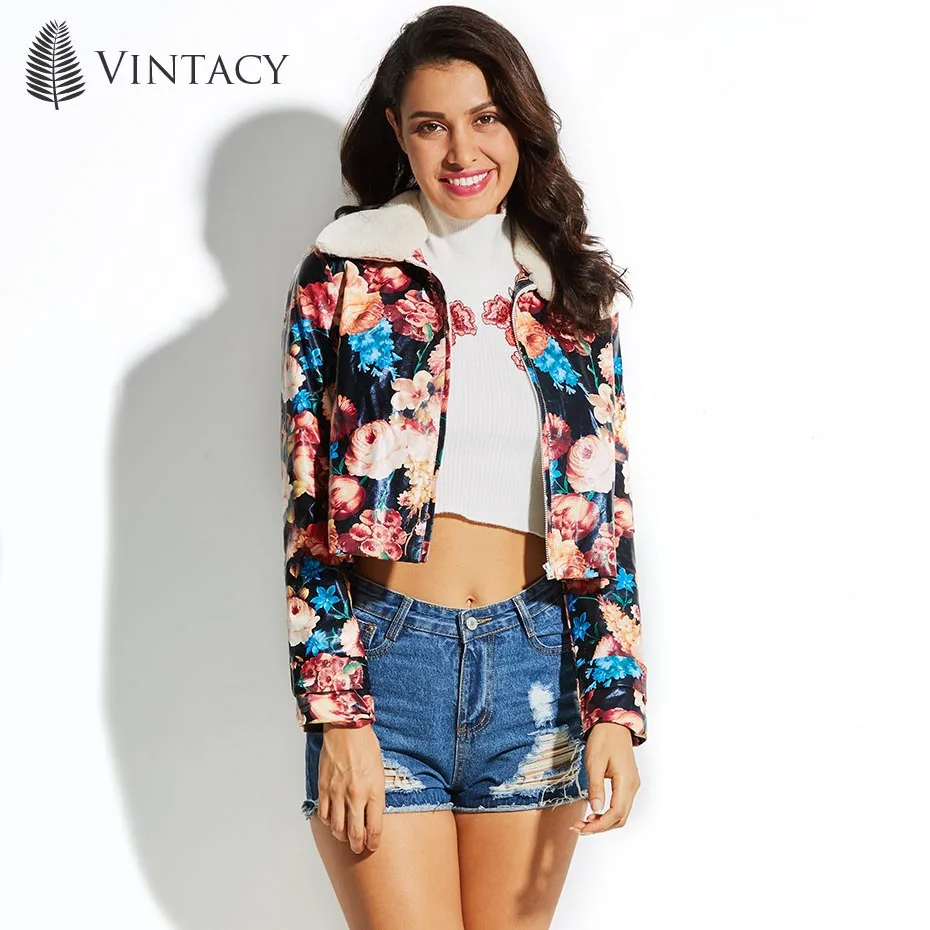 Vintacy Women Flower Jacket Coats Long Sleeve Fur Turn Down Collar