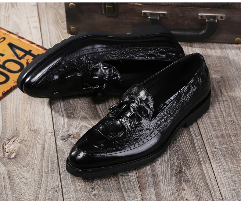 Men's Casual Wedding Dress Shoes Crocodile Leather Brogue Shoes Men Tassels Oxfords Shoes Slip-on Leather Penny Loafers Shoes (6)