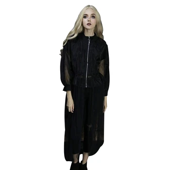 

Punk Women Zipper Cardigan Mesh Stitching Drawstring Waist Long Jackets Bat Sleeve Black Capes Outwear