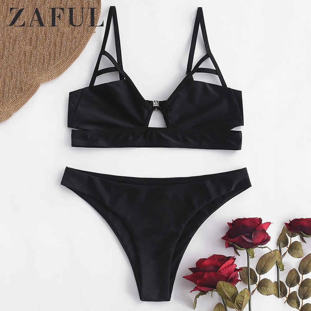 

ZAFUL Cut Out Bralette Bikini Set Cami Spaghetti Straps Solid Push Up Swimsuit Women Swimwear Sexy Bathing Suit Biquini Femme