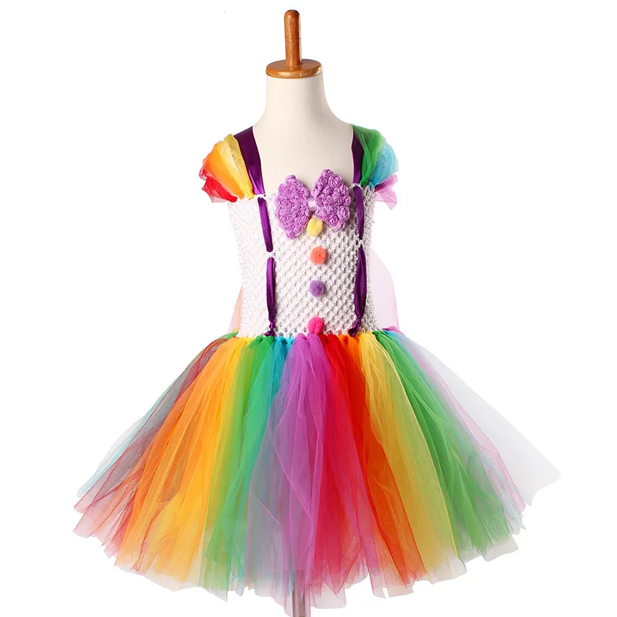 Girls Circus Fancy Clown Tutu Dress with Bow Children Handmade Rainbow Tulle (10)