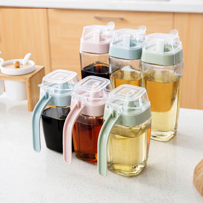 

350/550ml Kitchen Transparent Glass Oil Storage Bottle With Handle Soy Sauce Vinegar Sealed Can Pot Leakproof Liquid Container