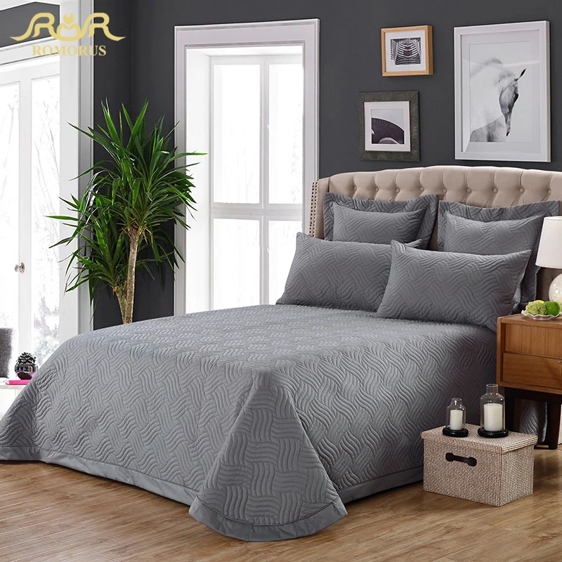 

3-Pieces/Set 100% Cotton Solid Quilted Bedspread Set Gray Navy Blue Quality Bed Sheet Cover Sets Pillowcase 245*260cm Blanket