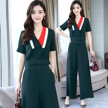 

2018 summer fashion suits women short sleeve v-neck blouse top & wide-legged pants loose trousers outfit lady vestido size S-XL