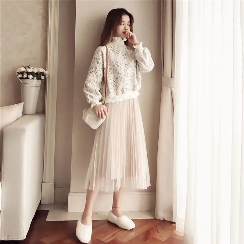 

2019 Spring Autumn Women Pullover Wool Tweed Sweater+A Line Elastic Waist Pleated Solid Skirt Suits Female Sweet Casual Set Z346
