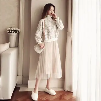 

2019 Spring Autumn Women Pullover Wool Tweed Sweater+A Line Elastic Waist Pleated Solid Skirt Suits Female Sweet Casual Set Z346