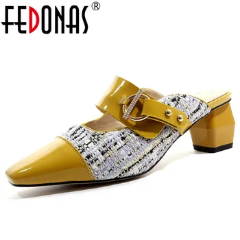 

FEDONAS 2019 Summer New Fashion Elegant Women Pumps Classic Mixed Colors Mules Genuine Leather Shoes Woman Party Casual Shoes