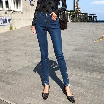 

Skinny Jeans Woman Pencil Pants High Waist Beading Lace Jeans Trousers High Stretch Jeans Leggings Denim Blue Femme Mom Jeans