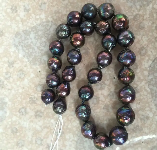 

stunning huge 12-13mm black red green pearl necklace 18inch 14k/20