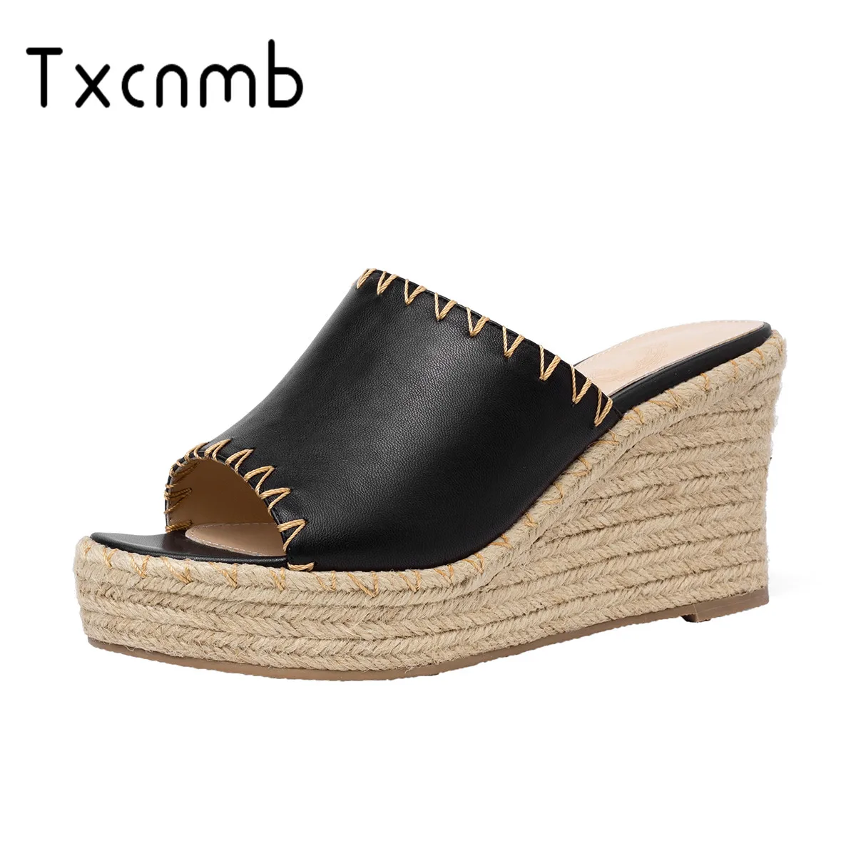 

TXCNMB 2019 High Quality Genuine Leather sandals women heel Women Slippers Wedge Sandals Summer Fashion wedding Shoes Woman