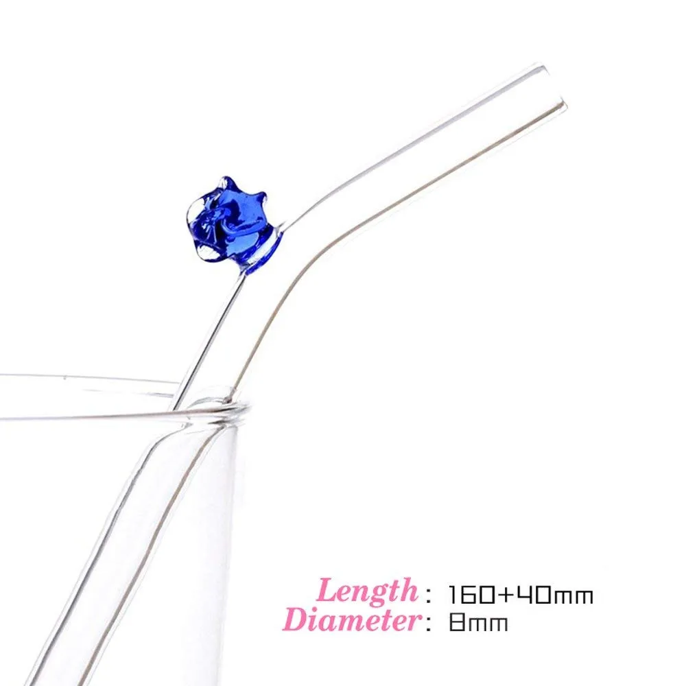 Rose Glass Straws Clear Bent Drinking Straws, 20cm X 8mm Set of 6 with 2 Cleaning Brushes, Eco Friendly, BPA Free, Very Sturdy, Milkshake, Tea, Juice, Water, Essential Oils (3 Color)03