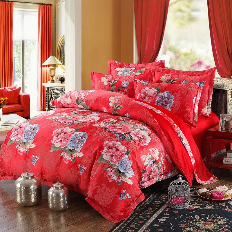 

YeeKin 100% Cotton Satin Jacquard Red Wedding Bedding Jacquard Satin Flowers Sea Princess Wedding Duvet Cover 4pc King Queen