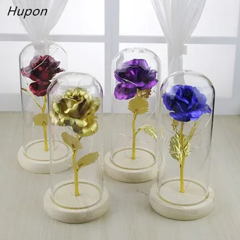 

24K Gold-plated Red Rose With LED Lights In Glass Dome on Wooden Base flores artificiales for Valentine's Gifts Wedding Decor