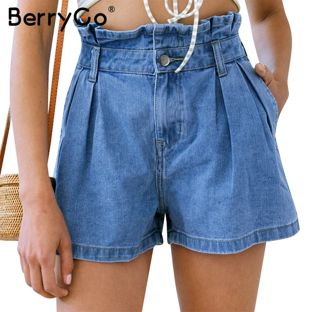 BerryGo Casual ruffle blue denim shorts Women button pocket high waist ...