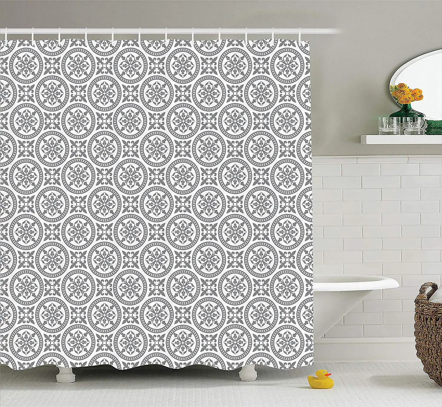 Grey Decor Shower Curtain Antique Ornate Oriental Floral Motifs Ethnic