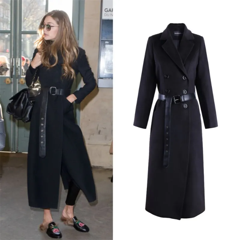 

New Woolen Coat Autumn Winter 2019 Long coat women Black Slim Double-breasted Woolen fashion jacket women
