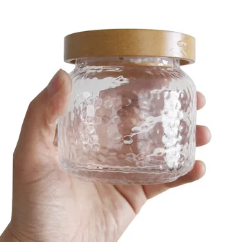 

Creative Glass Sealed Cans Hammer Pattern Glass Storage Jar Crafts Home Kitchen Storage Food Wood Lid Storage Jar Household Gift