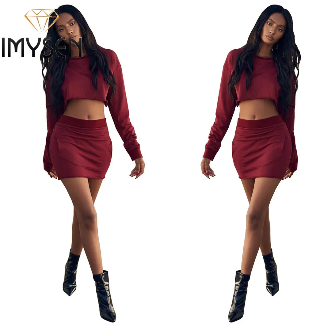 IMYSEN Autumn Winter Women Two Piece Set Solid Wine O Neck Long Sleeve
