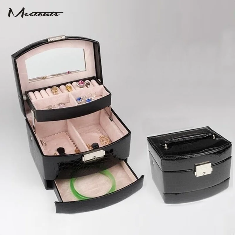 

Meetcute Leather 3 Layer Jewelry Packaging Box Casket For Exquisite Makeup Carrying Case Jewelry Organizer Storage Container Box