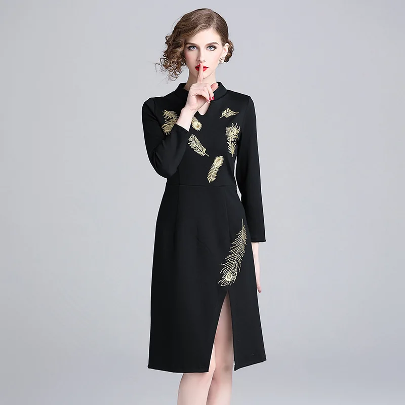 

Black Embroidery V Neck Wrist Sleeve Slim Tunic Split Dress Women Elegant Vintage Sexy Office Party Fashion Dress Lady Clothing