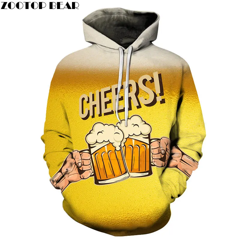 Полный с изображением "Beer CHEERS" 3D печатных Весна повседневное толстовки с капюшоном для мужчин спортивный костюм пуловер куртка в уличном