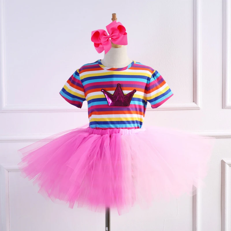 

Baby Girls Clothes Rainbow Stripe Short Sleeve T-Shirts Rainbow Tutu Skirt Bowknot Children Show Dance Skirt 2 Piece Set Girl