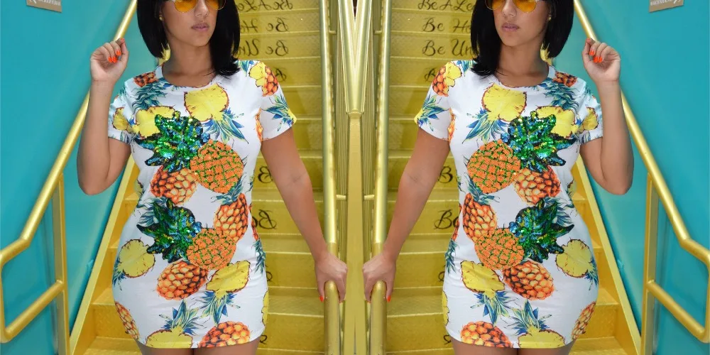 VAZN новые летние поступления известный бренд сексуальные и пляжные Для женщин мини-платье с принтом «ананас» короткий рукав мини платье H823