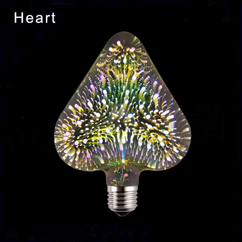 Новинка светодио дный свет 3D эффект фейерверк лампа Эдисона красочный праздник лампа E27 Стекло тела Lampara прекрасный звезда сердце деко luminaria