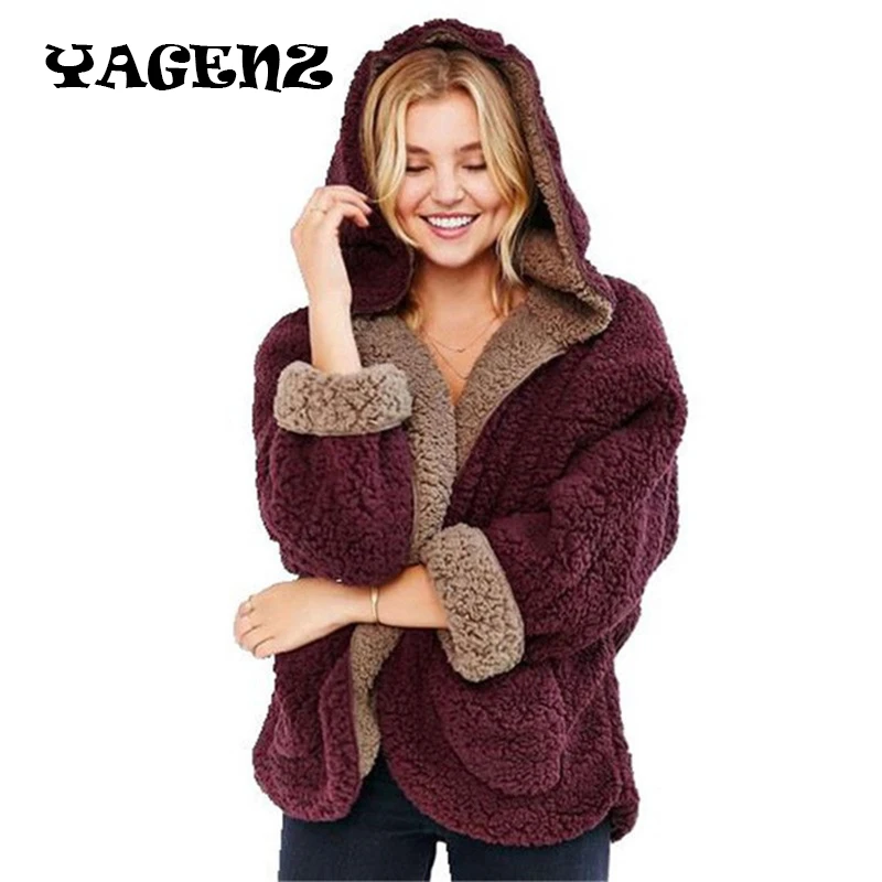 

Wool Loose Sweater Fashion Winter Women Lambs Wool Coat Both Sides Wear Jacket Loose Bat Sleeves Casual Hooded Pure Color Coats
