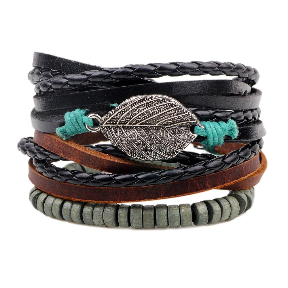 

Hot Knit Combination Exquisite Bracelet Multilayer Leather Bracelet Alloy Leaf Beads Bracelet Charms Rope Wristband wholesale