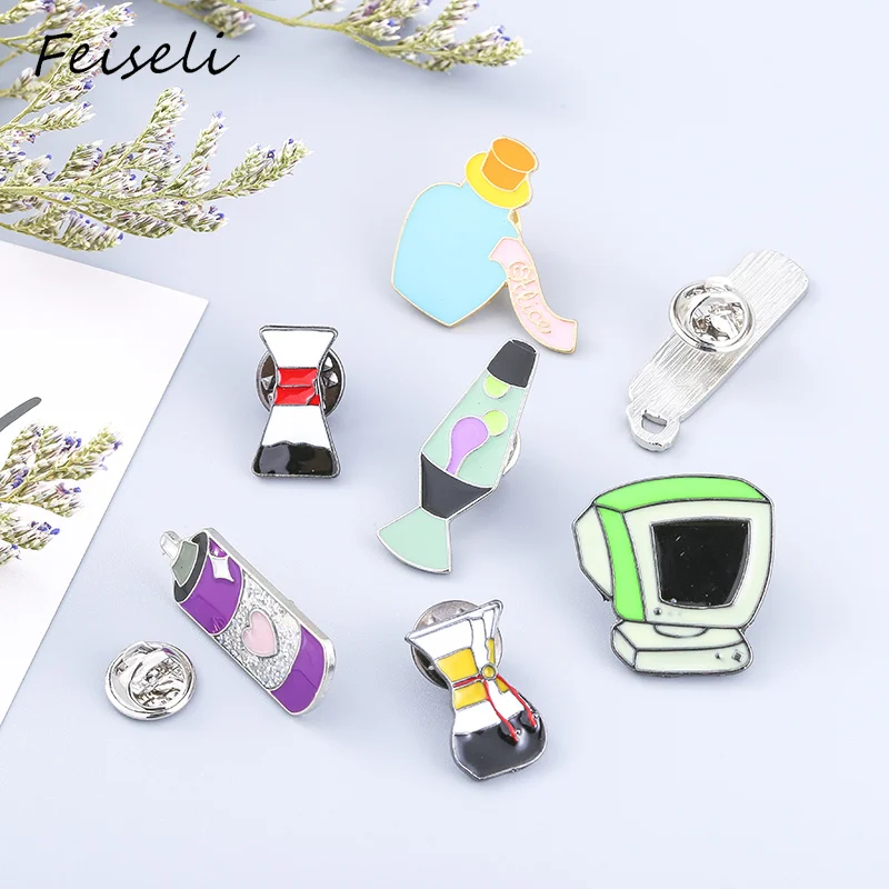 Feiseli الكرتون المينا زجاجة عطر الكمبيوتر القديم الهاتف شكل بروش معدني دبابيس جميلة الصدار شارة مجوهرات الأزياء