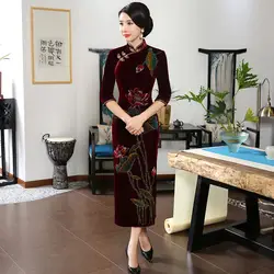 Свадебные платья Китайский Чистая Ручная роспись бархат Cheongsam Для женщин традиционный вечернее платье длинный участок Qipao Cheongsams велюр