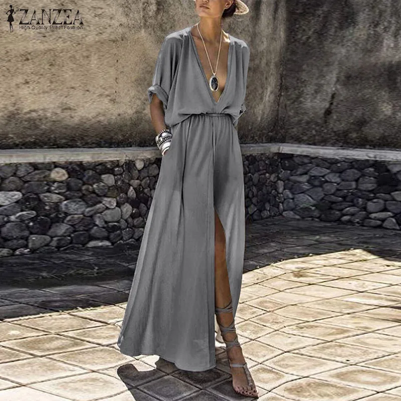 

Sexy Split Sundress ZANZEA 2019 Summer Deep V Neck Dress Women Solid Short Sleeve Robe Bohemian Party Long Maxi Vestidos Female