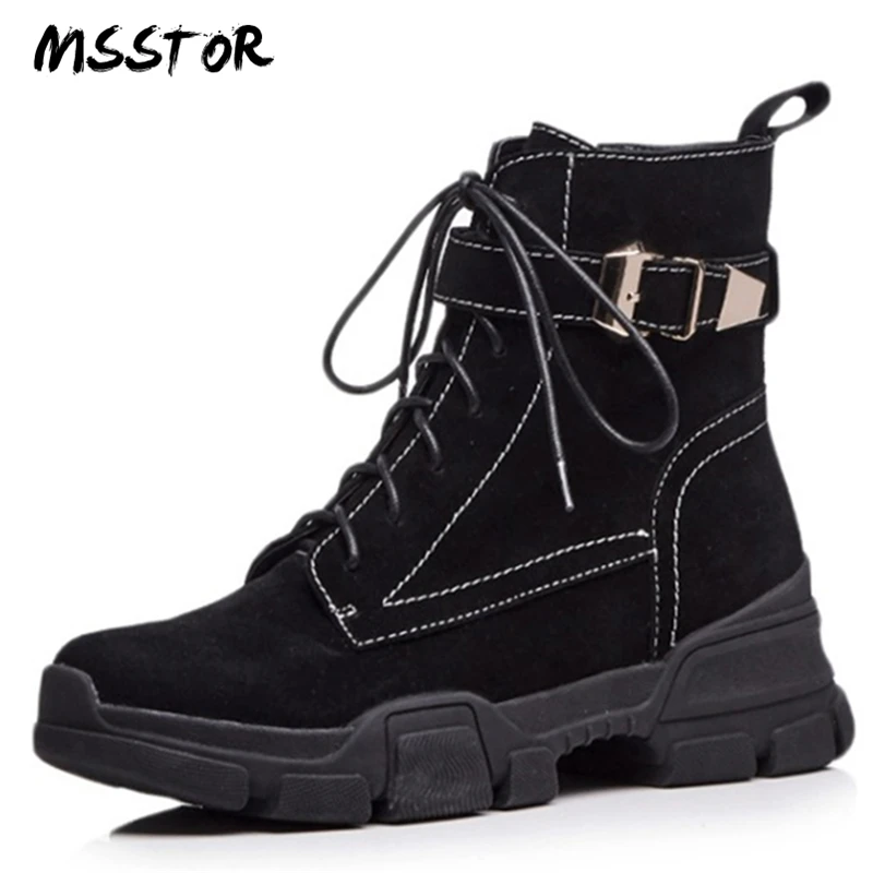 

MSSTOR Buckle Strap Ladies Boots For Winter Round Toe Zipper Cow Suede Casual Wedges Boots Shoe Laces Fashion Women Ankle Boots