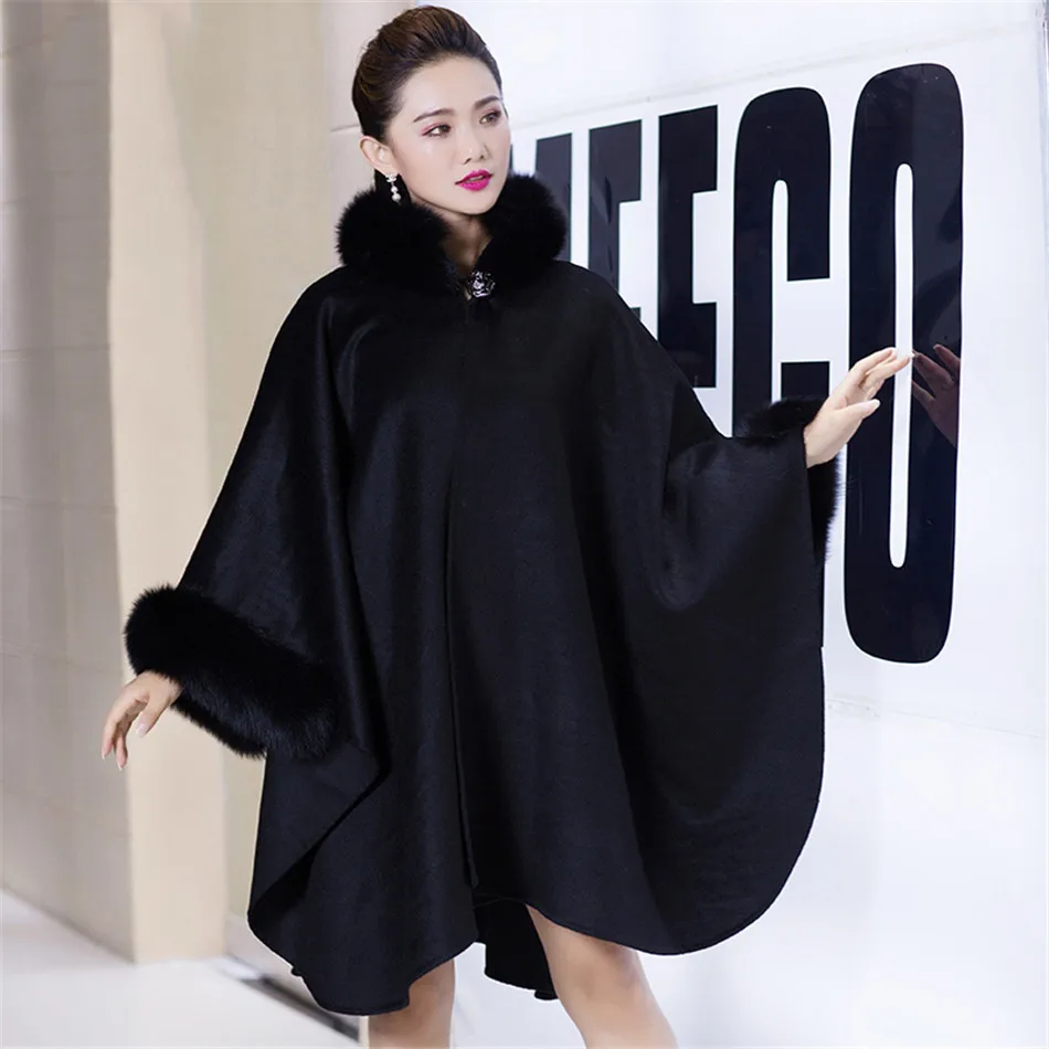 Black Pashmina Cashmere Coat Shawls with Fox Fur Wool Scarf Collar Poncho Wrap Outwear Plus Size | Женская одежда