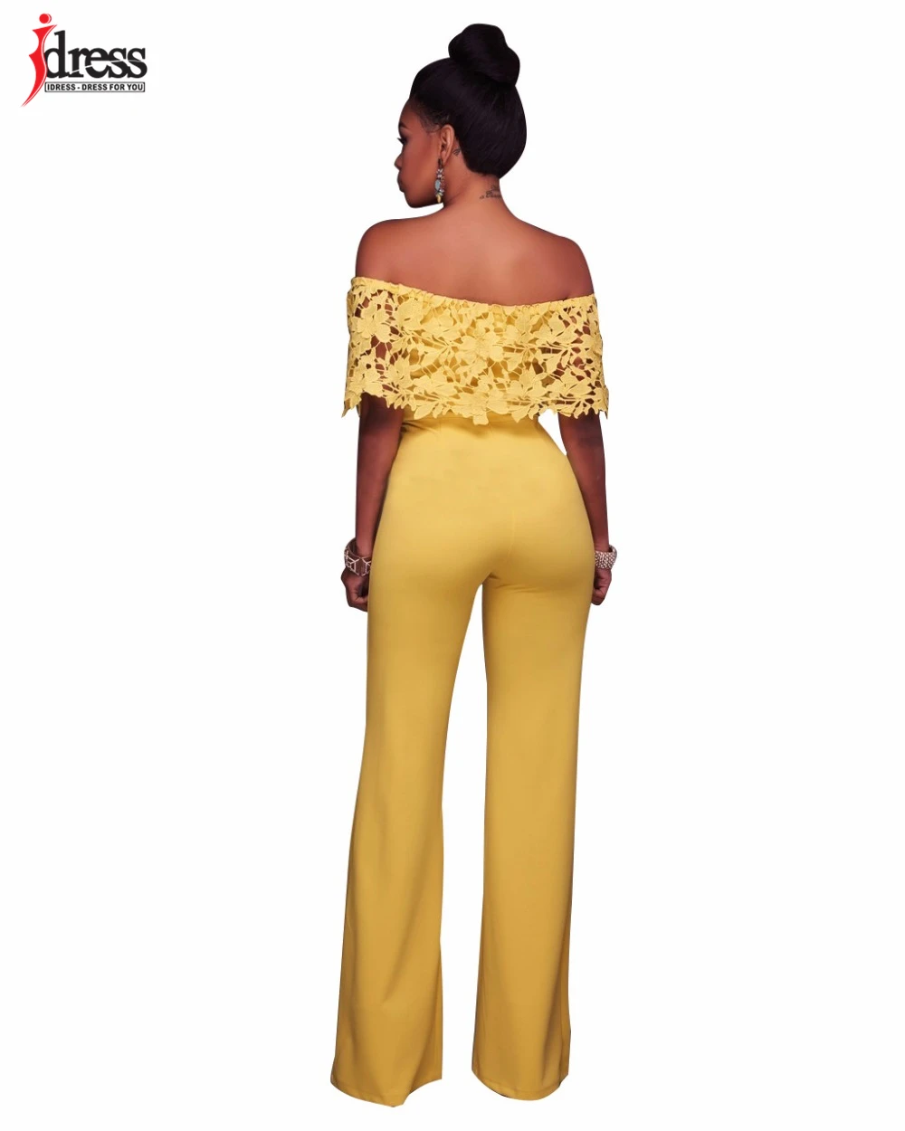 IDress Lace Crochet Rompers Women Jumpsuit Sexy Strapless Bodycon Jumpsuit Wide Leg Black White Yellow Long Pant Romper Overalls (2)