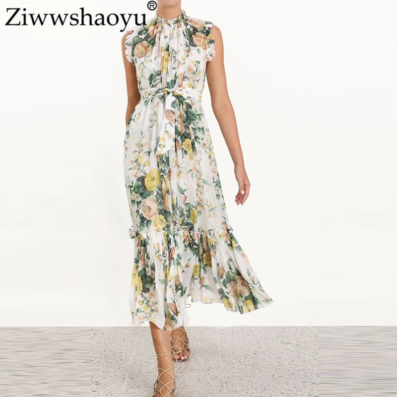 

Ziwwshaoyu Vacation Stand Long dresses Print Ruffles Sashes elegant Beach Long dress Spring and summer new women's