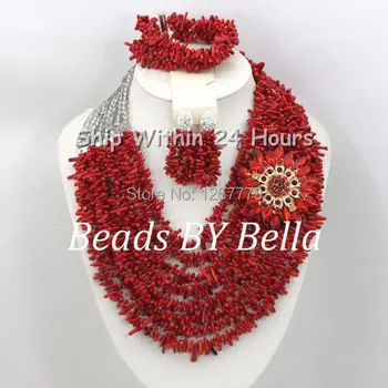 

Graceful Red Coral Beads Jewelry Set African Beads Wedding Bridal Jewelry Chunky Layered Necklace Set Free Shipping ABC744